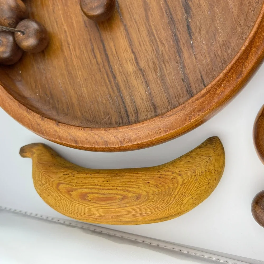 Vintage Wooden Fruit Bowl Set Hand Carved Wood Apples Pear Banana‎ Cherries